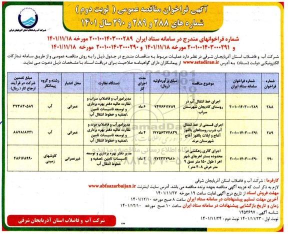 فراخوان مناقصه اجرایی خط انتقال آب در روستای  و... نوبت دوم