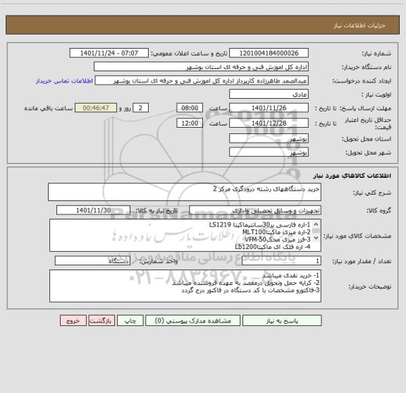 استعلام خرید دستگاههای رشته درودگری مرکز 2