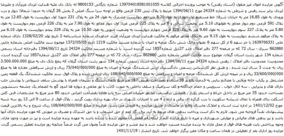 آگهی مزایده شش دانگ عرصه و اعیان با شماره مستند مالکیت 1219 تاریخ 1372/05/05 