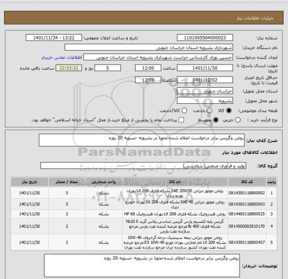 استعلام روغن وگریس برابر درخواست اعلام شده-تحویا در بشرویه -تسویه 20 روزه