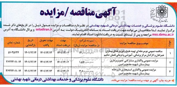 مناقصه و مزایده عمومی تهیه طبح و توزیع غذای بیماران...