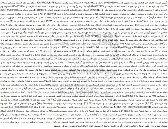 آگهی مزایده ششدانگ اعیان خانه ( طلق با عرصه وقف ) دارای پلاک ثبتی بشماره سه هزار و دویست و پنجاه و سه