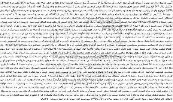 آگهی مزایده ششدانگ یک دستگاه اپارتمان اداری واقع در جنوب طبقه نهم بمساحت 138/74متر مربع قطعه 18 تفکیکی پلاک 547 فرعی از 1613 اصلی