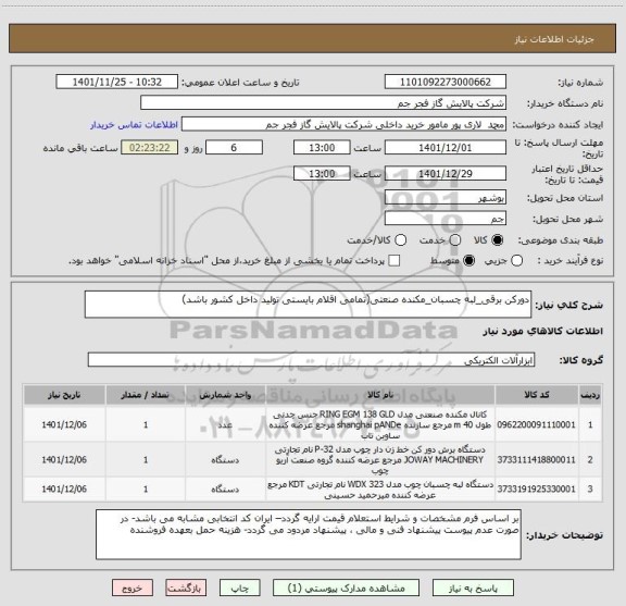 استعلام دورکن برقی_لبه چسبان_مکنده صنعتی(تمامی اقلام بایستی تولید داخل کشور باشد)