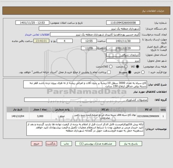 استعلام کاج سیاه به تعداد 3000 سطل 10-ریشه پر بدون آفات و امراض ریشه از ته ظرف بیرون نزده باشد قطر تنه دسته بیلی حداقل ارتفاع 150 سانت