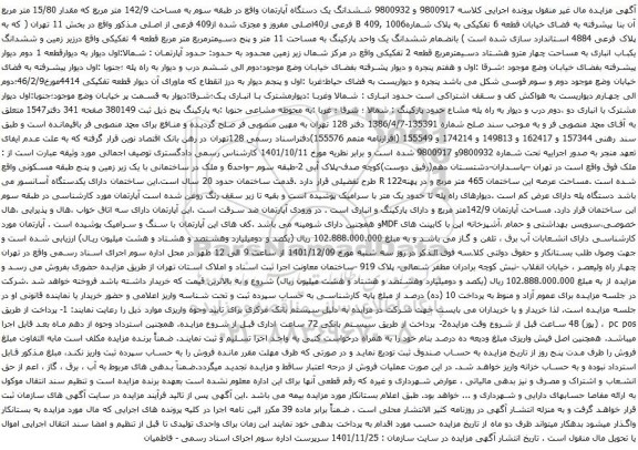 آگهی مزایده ششدانگ یک دستگاه آپارتمان واقع در طبقه سوم به مساحت 142/9 متر مربع که مقدار 15/80 متر مربع