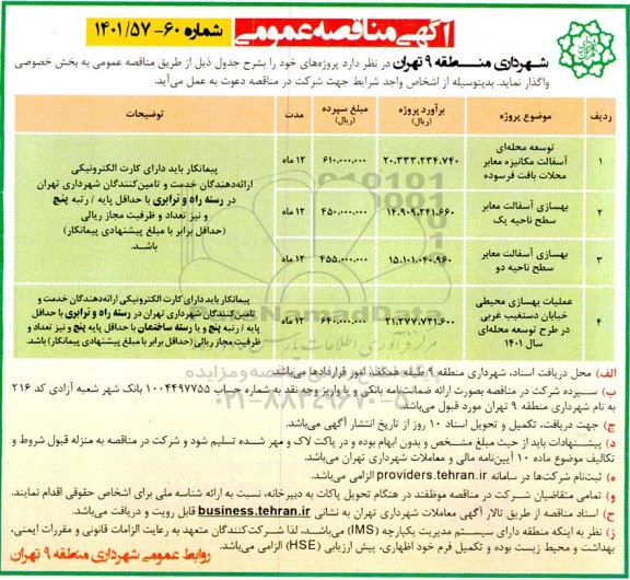 مناقصه توسعه محله ای آسفالت مکانیزه معابر محلات بافت فرسوده 