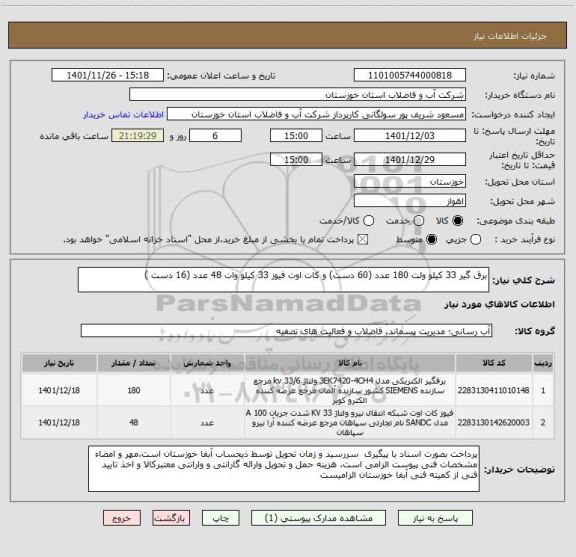 استعلام برق گیر 33 کیلو ولت 180 عدد (60 دست) و کات اوت فیوز 33 کیلو وات 48 عدد (16 دست )