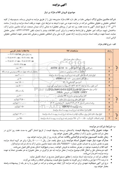 مزایده  فروش اقلام مازاد بر نیاز