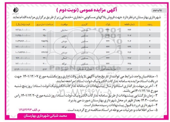 مزایده فروش پلاکهای مسکونی-تجاری-خدماتی - نوبت دوم چاپ دوم