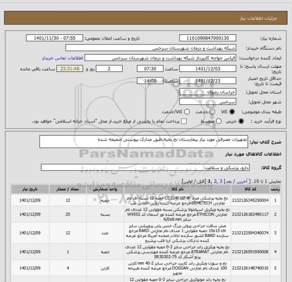 استعلام تجهیزات مصرفی مورد نیاز بیمارستان نخ بخیه.طبق مدارک پیوستی ضمیمه شده