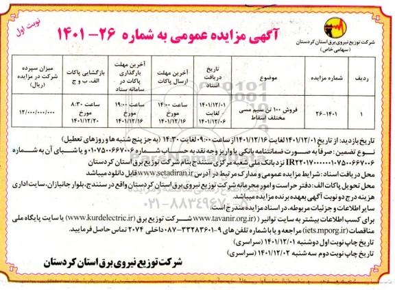 مزایده فروش 100 تن سیم مسی مختلف اسقاط