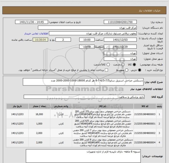 استعلام دستکش جراحی استریل سایز7/5-6/5-7-8 هر کدام 18000-1000-2000-2000 عدد