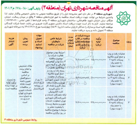 مناقصه عملیات رفت و روب و جمع آوری مکانیزه پسماند....