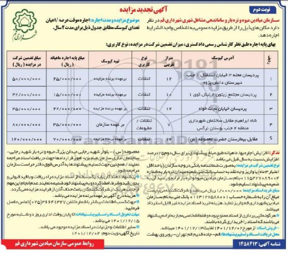 تجدید مزایده اجاره موقت عرصه / اعیان تعدادی کیوسک ـ نوبت دوم