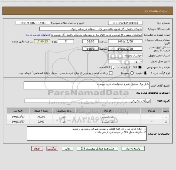 استعلام کابل برق مطابق شرح درخواست خرید پیوست