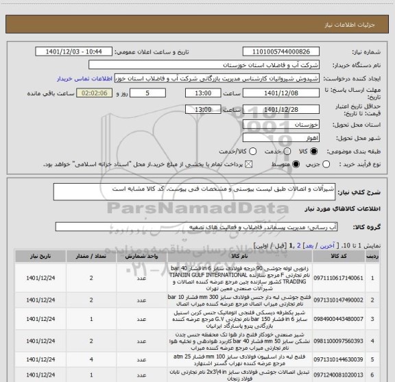 استعلام شیرآلات و اتصالات طبق لیست پیوستی و مشخصات فنی پیوست. کد کالا مشابه است