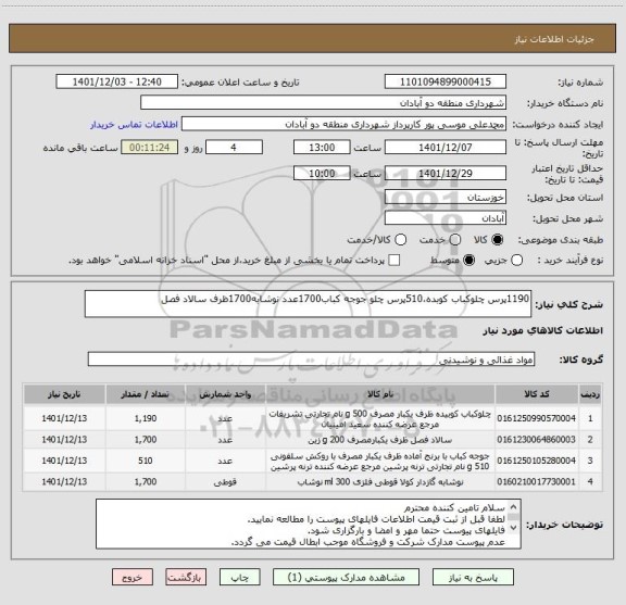 استعلام 1190پرس چلوکباب کوبده،510پرس چلو جوجه کباب1700عدد نوشابه1700ظرف سالاد فصل