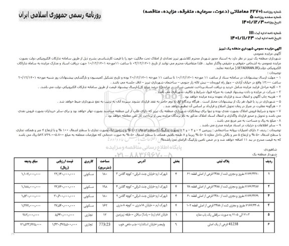 مزایده عمومی واگذاری تعدادی از املاک 