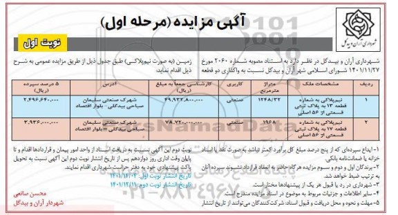 مزایده  واگذاری دو قطعه زمین با کاربری صنعتی 