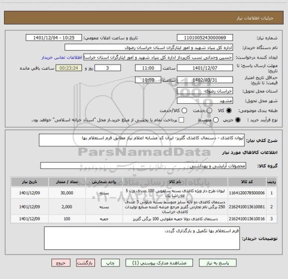 استعلام لیوان کاغذی - دستمال کاغذی گلریز- ایران کد مشابه اعلام نیاز مطابق فرم استعلام بها