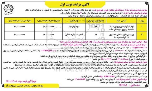 مزایده اجاره مکان با کاربری میوه و تره بار و تعمیرات لوازم خانگی 