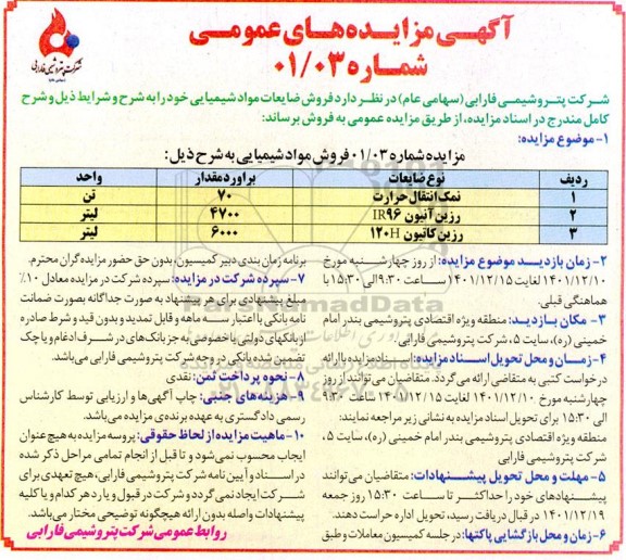 مزایده فروش مواد شمیایی