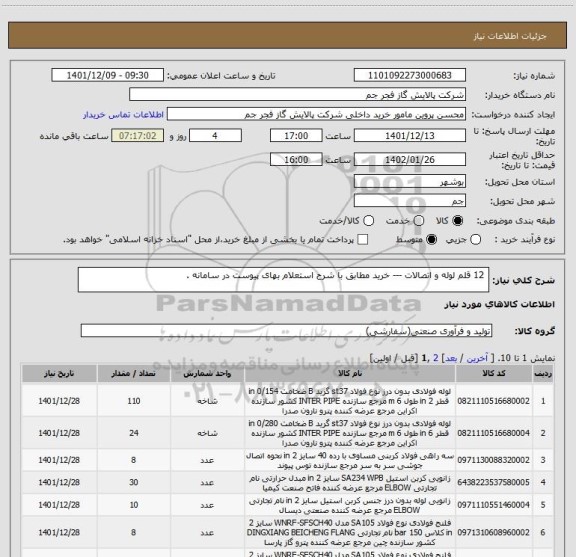 استعلام  12 قلم لوله و اتصالات --- خرید مطابق با شرح استعلام بهای پیوست در سامانه .