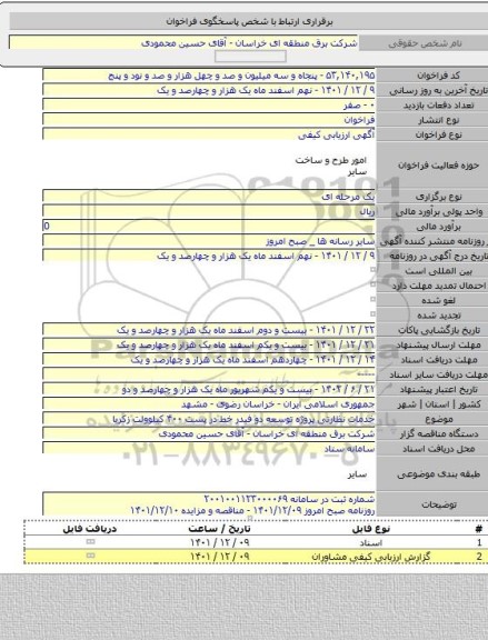 مناقصه, خدمات نظارتی پروژه توسعه دو فیدر خط در پست ۴۰۰ کیلوولت زکریا