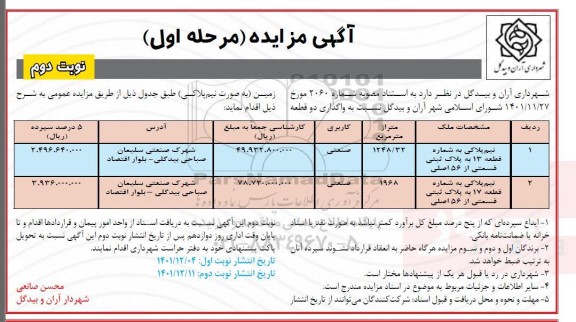 مزایده واگذاری دو قطعه زمین با کاربری صنعتی - مرحله اول - نوبت دوم