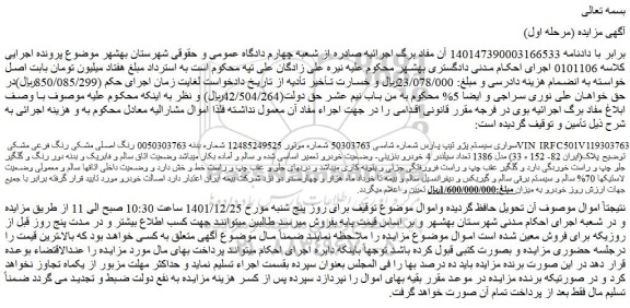 مزایده سواری سیستم پژو تیپ پارس 