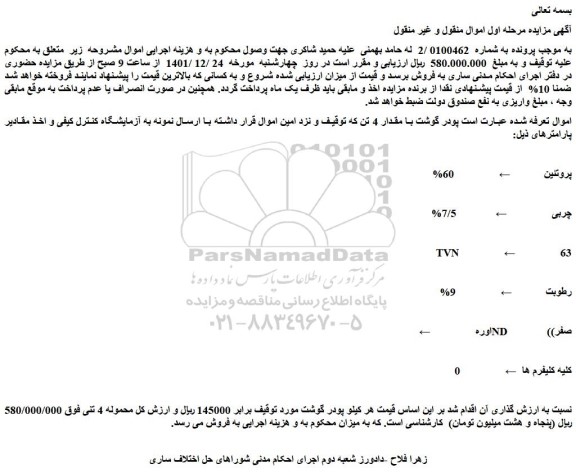 مزایده فروش پودر گوشت با مقدار 4 تن 