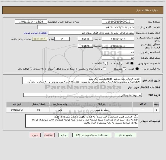 استعلام  1250کیلوگرم رنگ سفید. 800کیلوگرم رنگ سبز
125کیلوگرم مشکی،125کیلوگرم رنگزرد همگی به صورت  گالن 25کیلو گرمی جدولی و  اکریلیک بر  پایه آب.