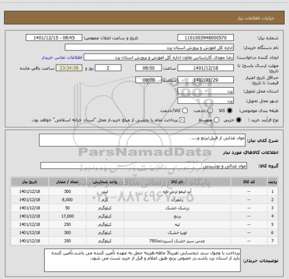 استعلام مواد غذایی از قبیل:برنج و....