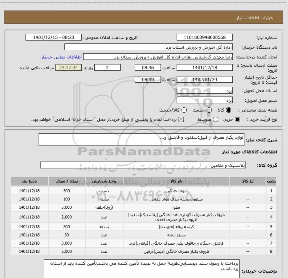 استعلام لوازم یکبار مصرف از قبیل:سلفون و قاشق و...