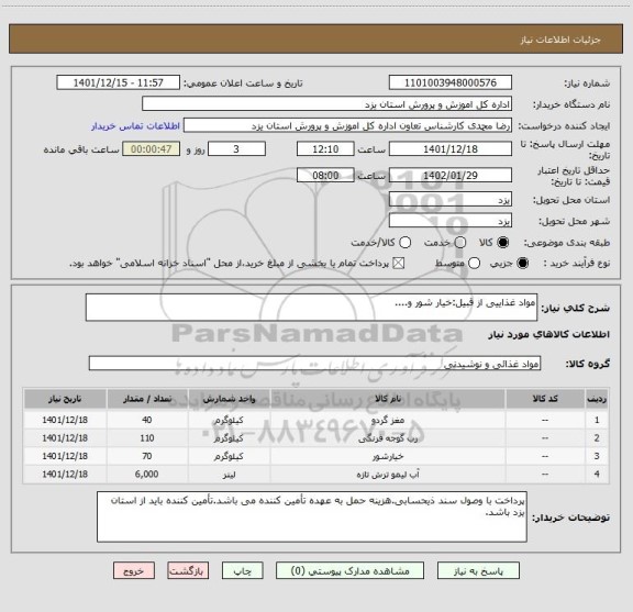 استعلام مواد غذاییی از قبیل:خیار شور و....