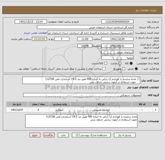 استعلام ماده ساینده یا کوراندم (با ذراتی به اندازه F80 طبق بند 2-19 استاندارد ملی 12728)
جهت استفاده در آزمون سایش جداول بتنی