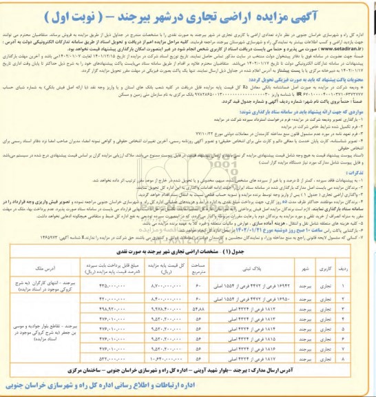 مزایده فروش تعدادی اراضی با کاربری تجاری 