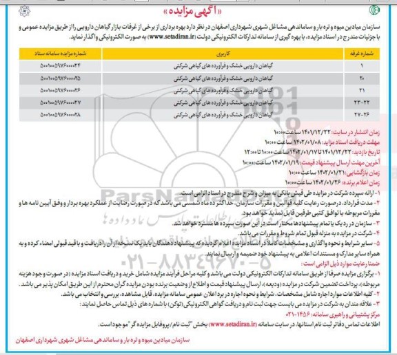 مزایده بهره برداری از برخی از غرفات بازار گیاهان دارویی