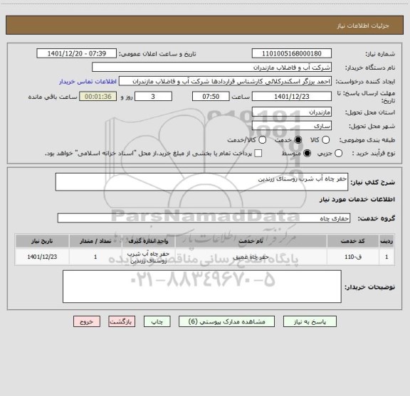 استعلام حفر چاه آب شرب روستای زرندین