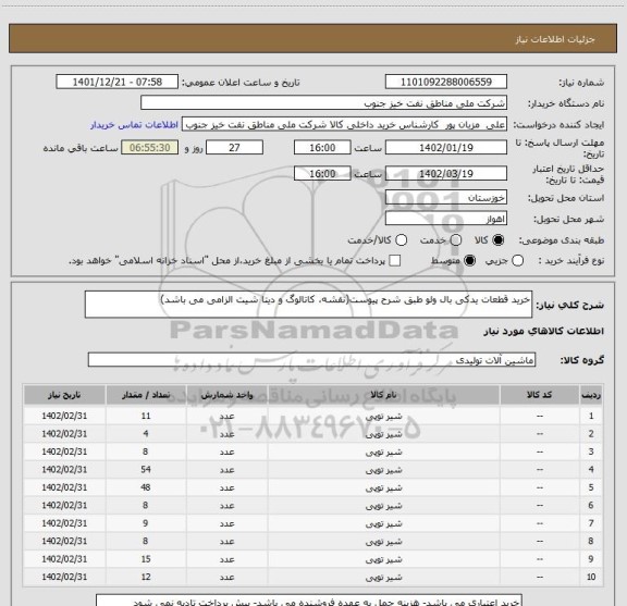 استعلام خرید قطعات یدکی بال ولو طبق شرح پیوست(نقشه، کاتالوگ و دیتا شیت الزامی می باشد)