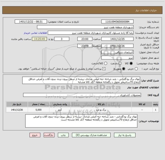 استعلام نهال برگ بو-گلدانی - چند شاخه -تنه اصلی مدادی -ریشه از سطل بیرون نزده -بدون آفات و امرض حداقل ارتفاع 70سانتیمتر تحویل د رگلخانه منطفه 7کد کالا مشابه