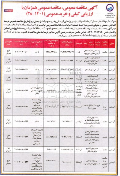 مناقصه لوله گذاری خطوط انتقال آب بین مخازن ...نوبت دوم 