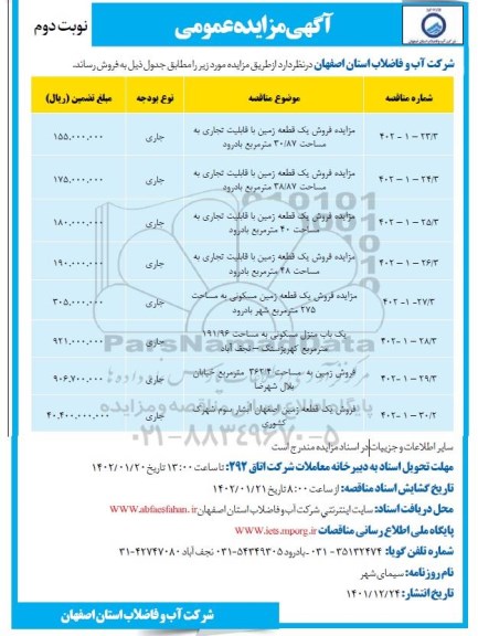 مزایده فروش یک قطعه زمین با قابلیت تجاری .... نوبت دوم