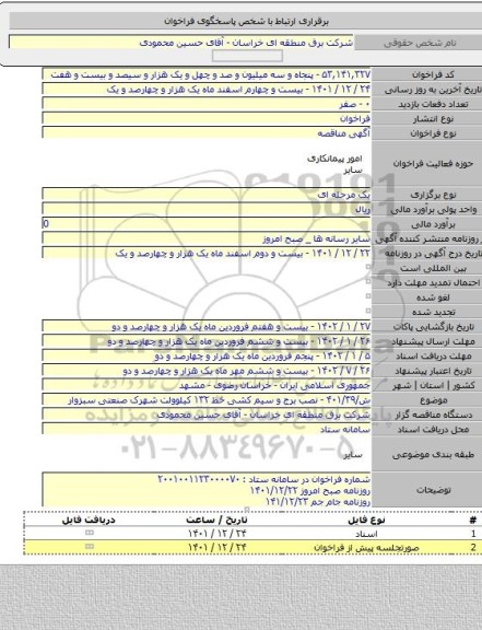 مناقصه, ش/۴۰۱/۳۹ - نصب برج و سیم کشی خط ۱۳۲ کیلوولت شهرک صنعتی سبزوار