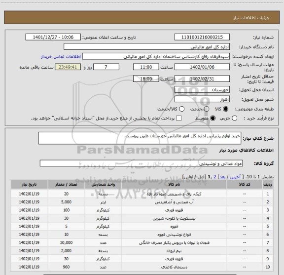 استعلام خرید لوازم پذیرایی اداره کل امور مالیاتی خوزستان طبق پیوست