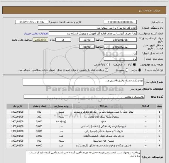 استعلام لوازم یکبار مصرف ازقبیل:قاشق و...