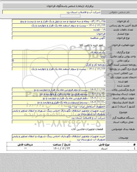 مناقصه, خرید تجهیزات وتجهیز انبارهای نگهداری اجناس رینگ شهری و انتقال تصاویر و پایش تصویری آب شهرستان یز