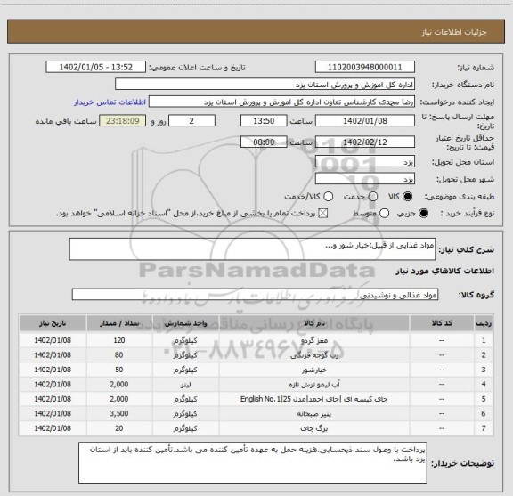 استعلام مواد غذایی از قبیل:خیار شور و...