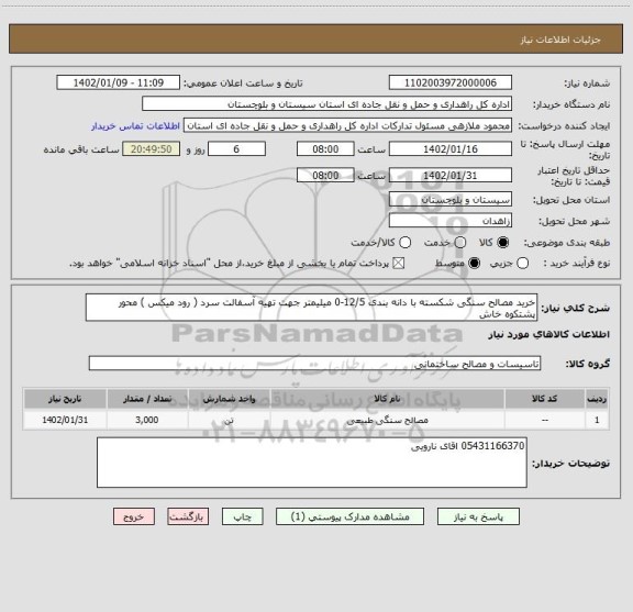 استعلام خرید مصالح سنگی شکسته با دانه بندی 12/5-0 میلیمتر جهت تهیه آسفالت سرد ( رود میکس ) محور پشتکوه خاش